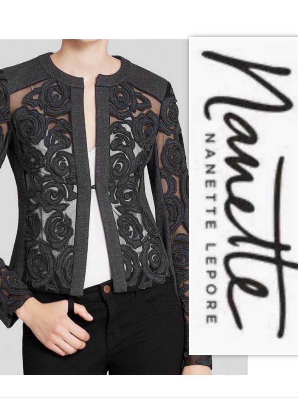 Nanette Lepore Black Protagonist Floral Embroidery Laced Detailed Ponte Jacket.